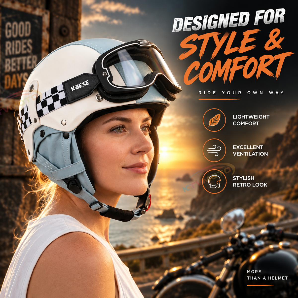 Retro open-face motorcycle helmet with goggles-I103