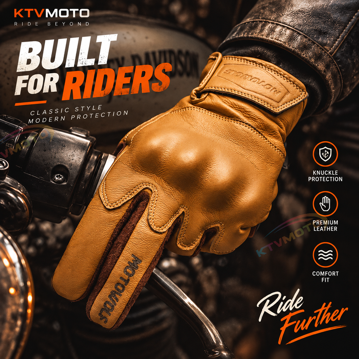 KTVMOTO Men's Genuine Leather Retro Motorcycle Gloves - G33