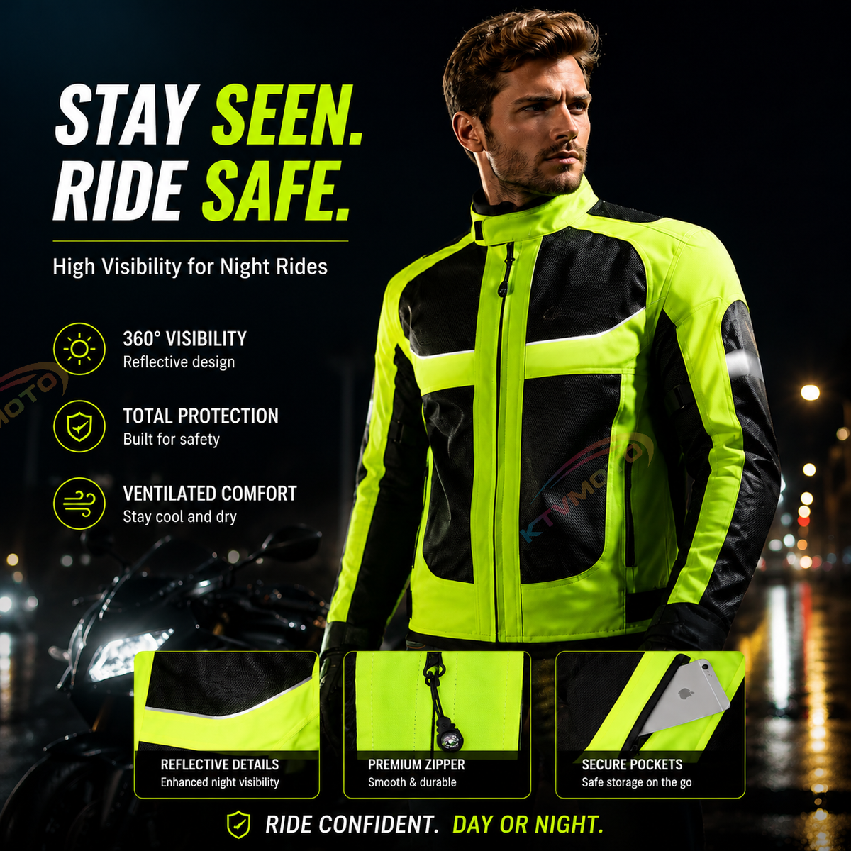 Breathable motorcycle riding gear with reflective elements-J100