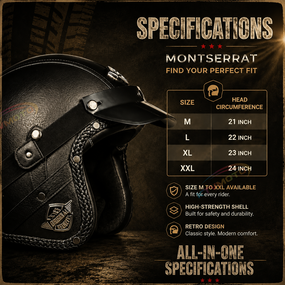 KTVMOTO Matte Leather Retro Motorcycle Half Helmet-I19