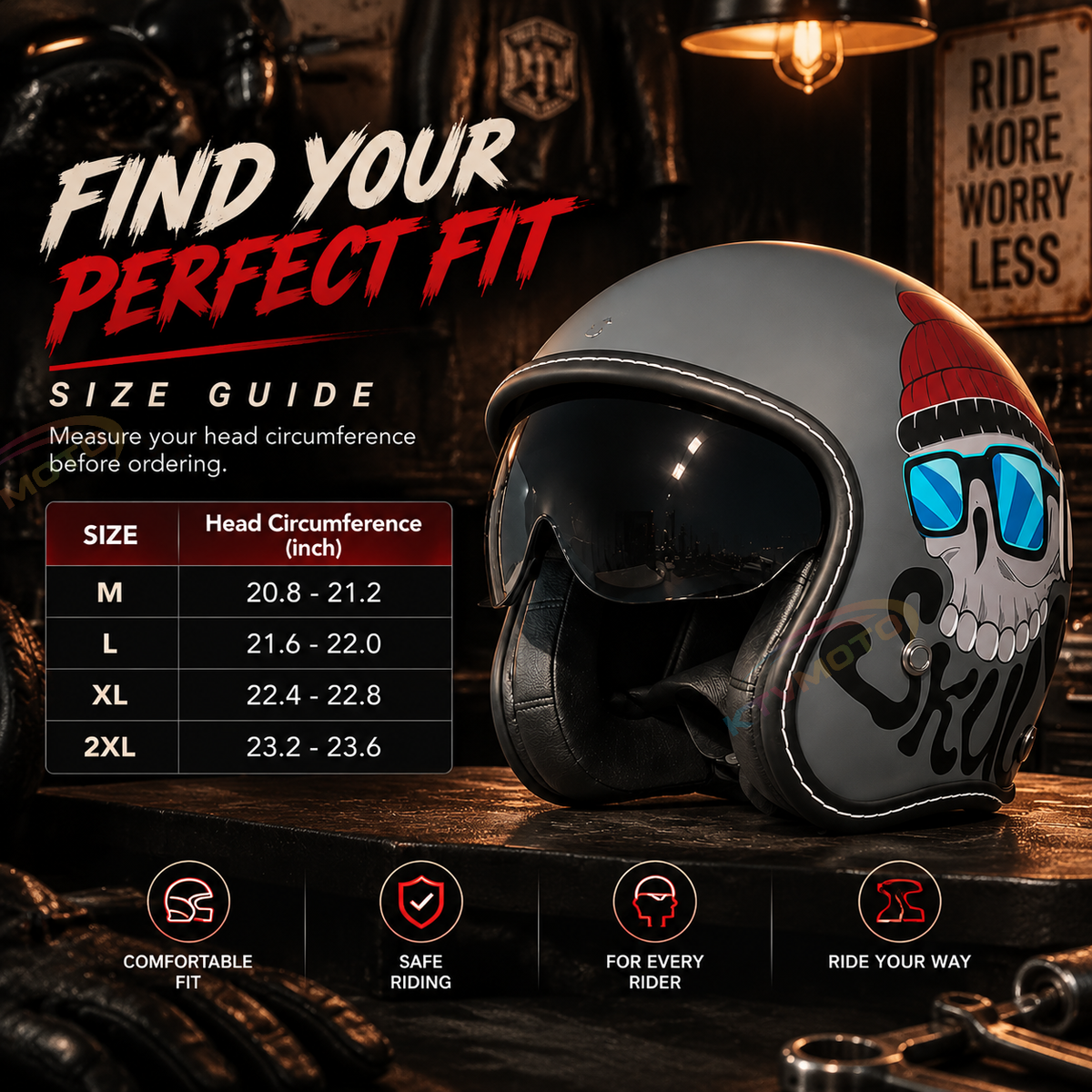 KTVMOTO Retro-style open-face motorcycle helmet with built-in visor-I22