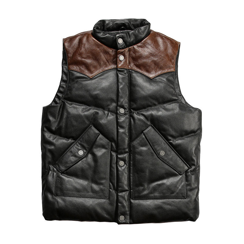 Stand collar casual sports color matching white duck down thickened cowhide vest-A35