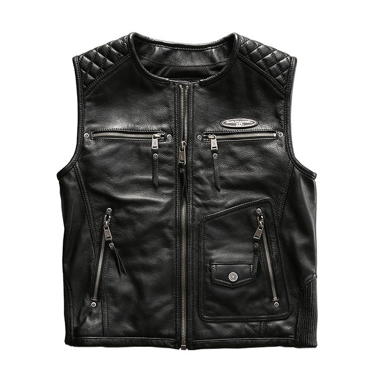 Harley leather vest round neck yellow cowhide vest-A32
