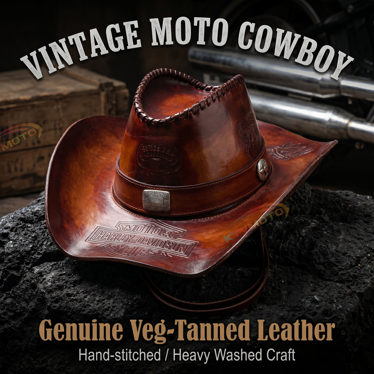 Retro genuine leather motorcycle cowboy riding cap-I115