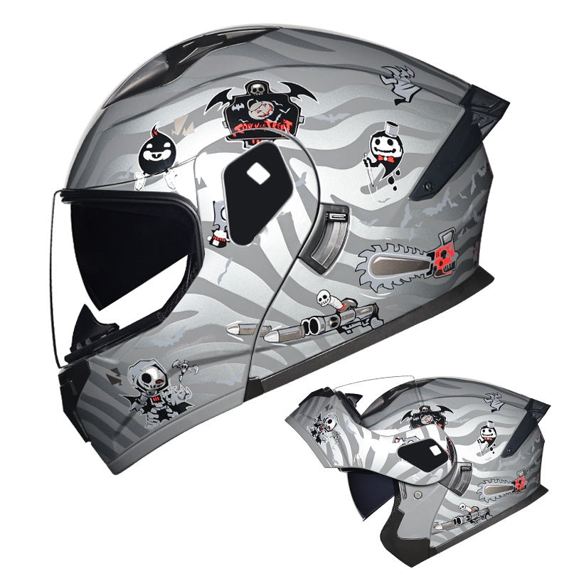 Flip-up motorcycle helmet with dual visors and iridescent coating-I183