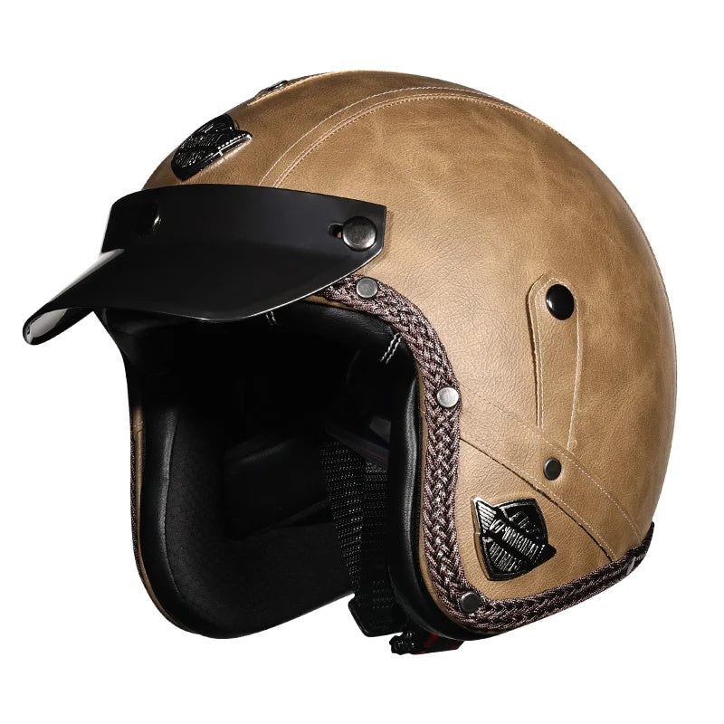 KTVMOTO Matte Leather Retro Motorcycle Half Helmet-I19