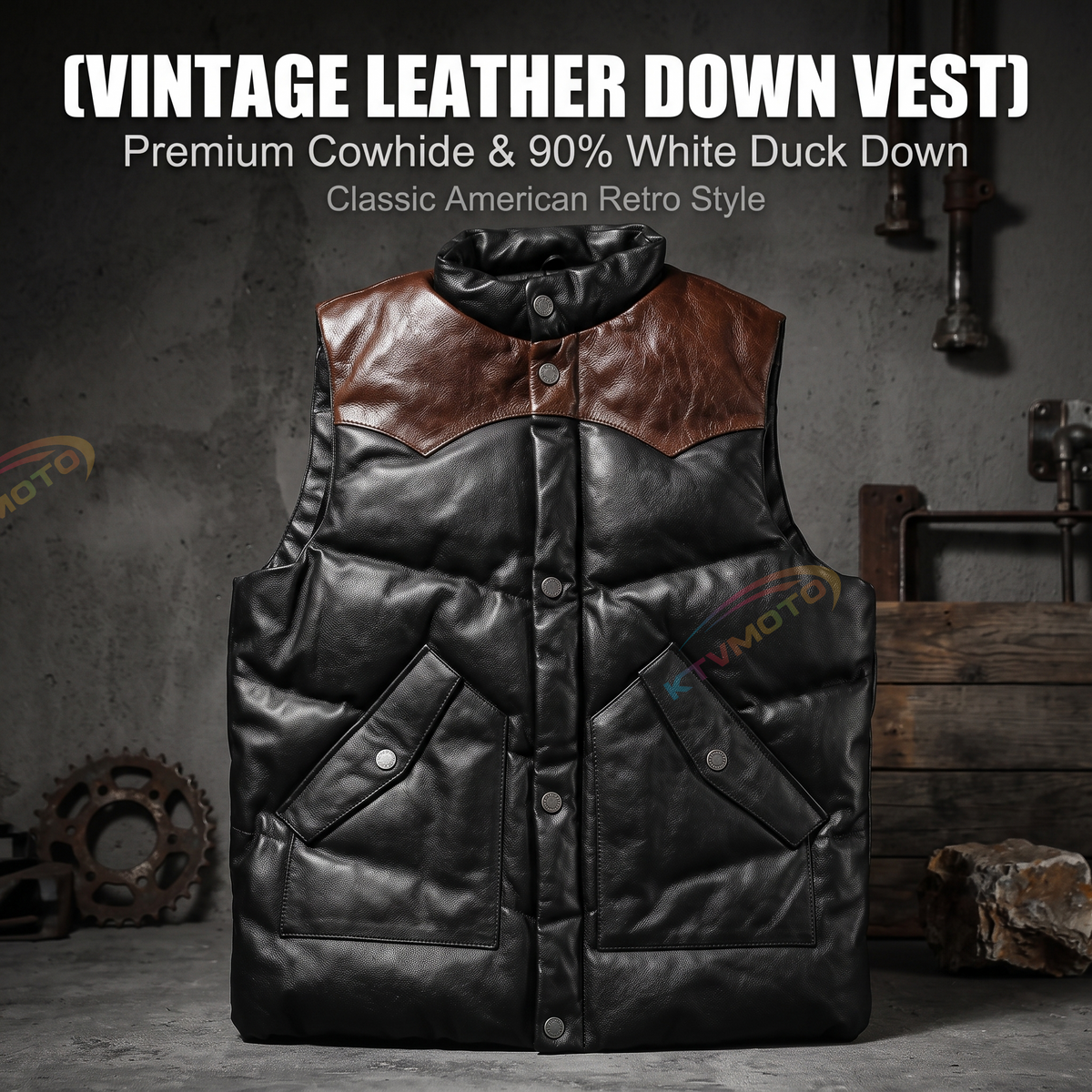 Stand collar casual sports color matching white duck down thickened cowhide vest-A35