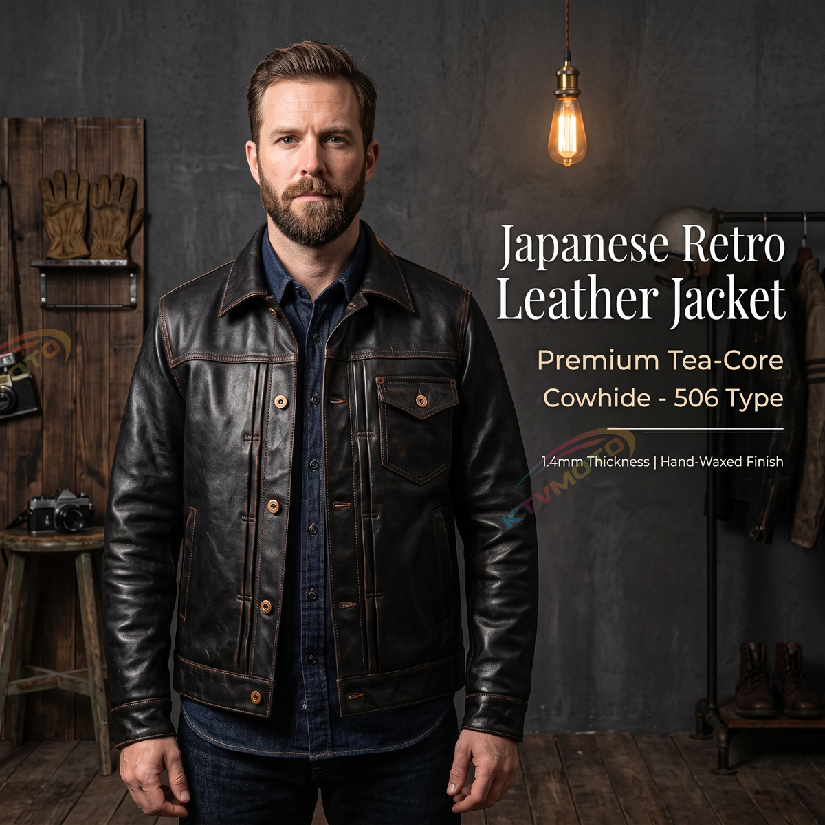 Japanese retro casual leather jacket-A05