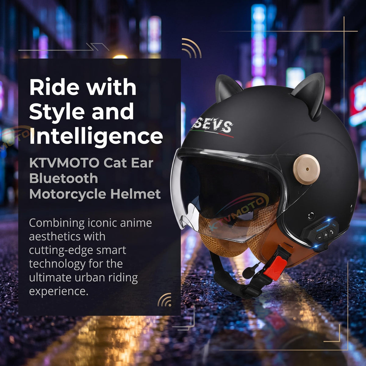 Cat-Ear Open-Face Motorcycle Helmet with Bluetooth Function-I67