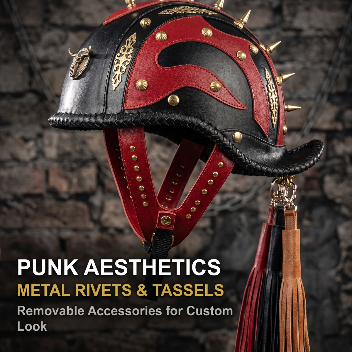 Punk studded motorcycle helmet leather cap-I130